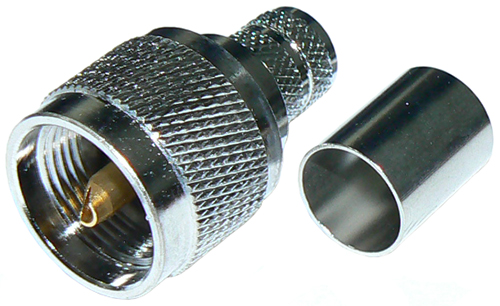 UHF male PL259, solder pin, crimp connector for MIL-SPEC RG213 stranded coaxial cable, 50 Ohms – nickel plated